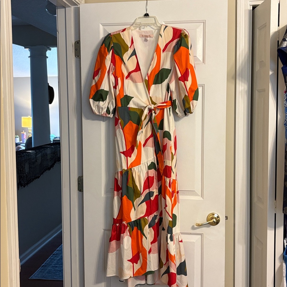 Hutch Anthropology Colorful Wrap Dress with Leaf Print